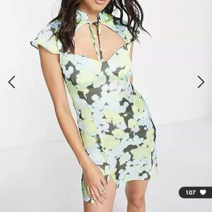 NWT high neck floral satin cutout dress